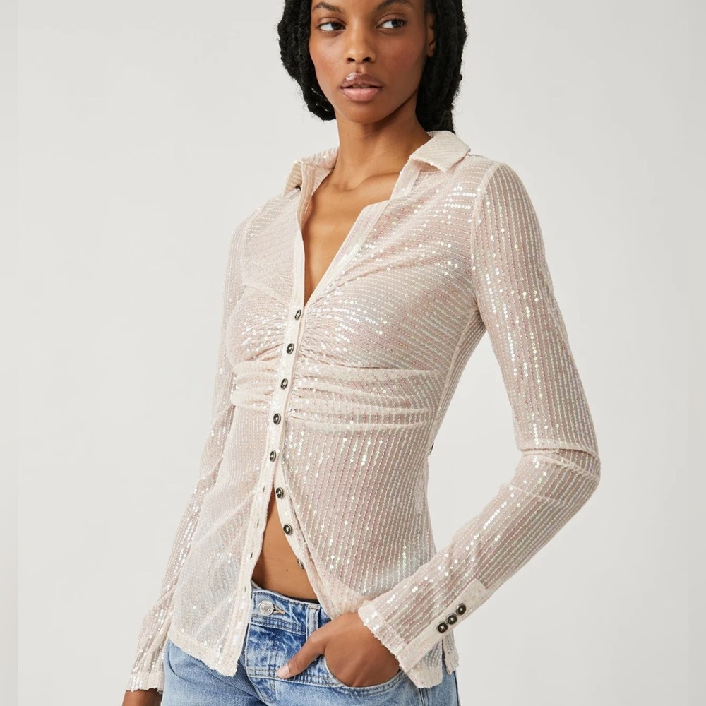 Free People Sequin Shirtee Top in Champagne Dreams